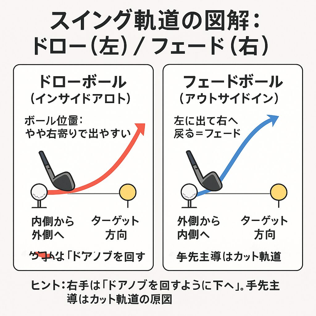 ドローとフェードのスイング軌道比較（インサイドアウト／アウトサイドイン）