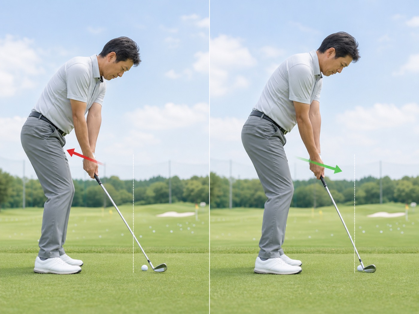 シャフトを立てるハンドファーストとシャフトが寝た状態の比較