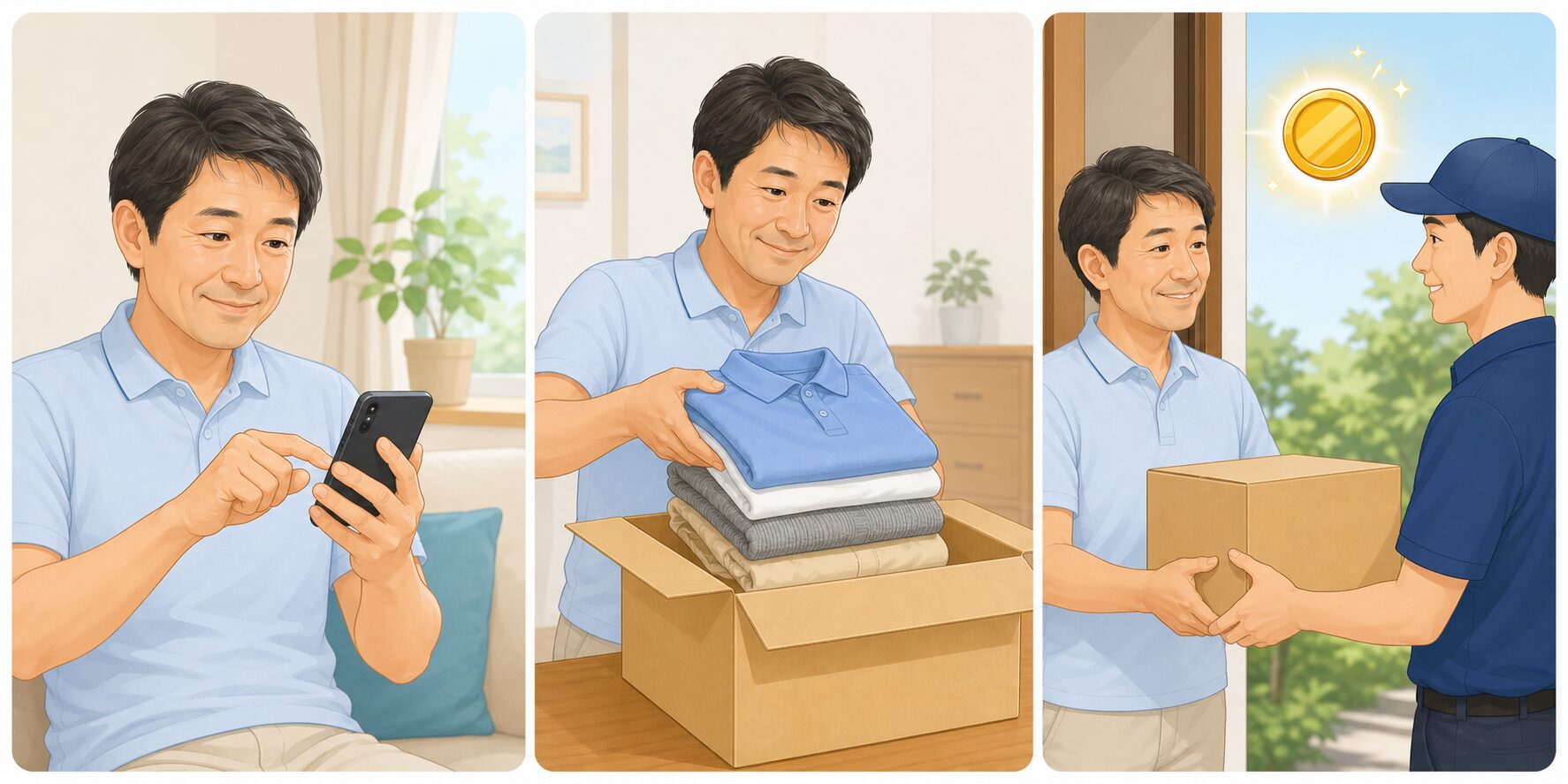 ゴルフウェア宅配買取の3ステップ（無料キット申込・箱詰め・集荷と入金）