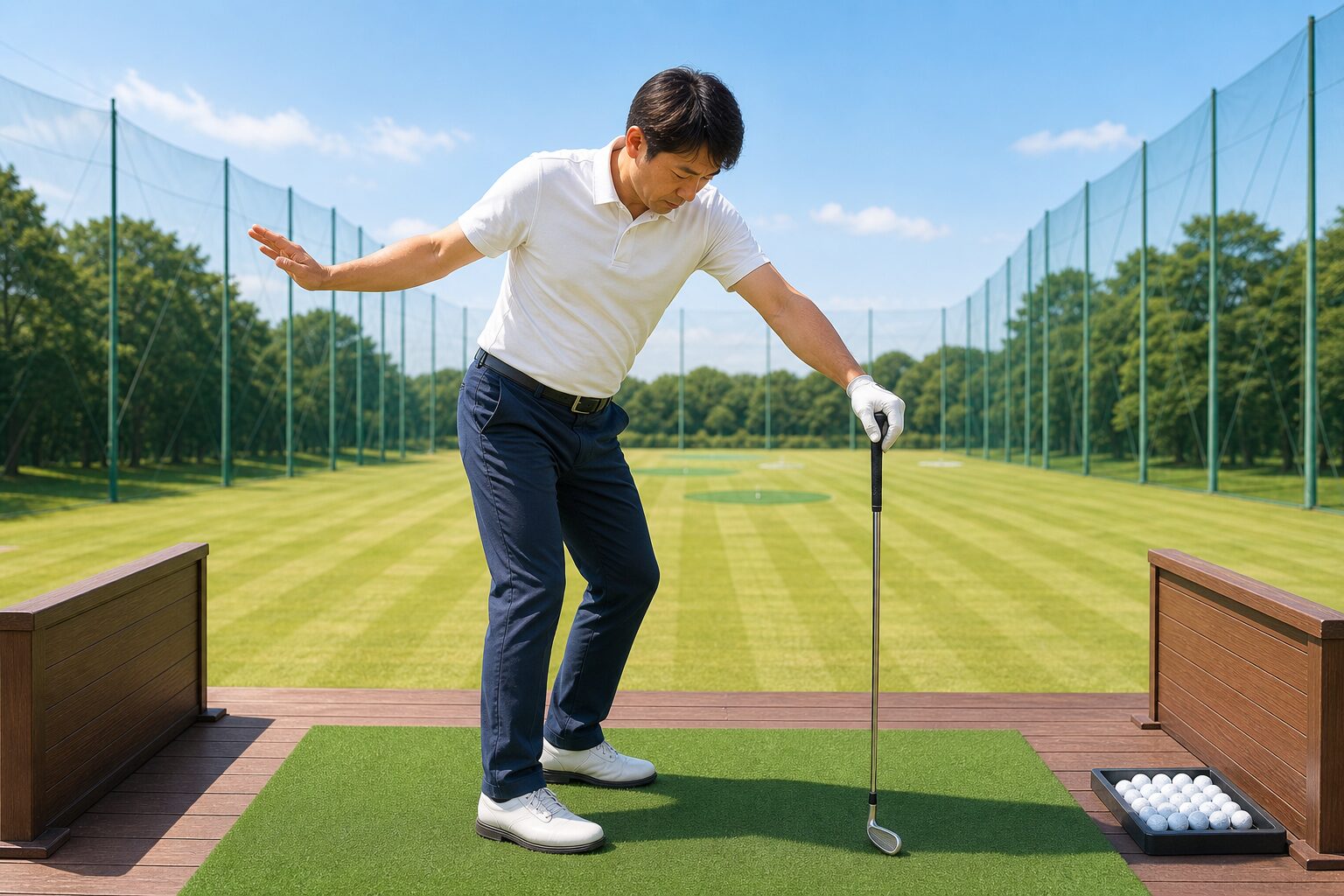 クラブを杖のように立てて右手1本でシャドースイングするドリル