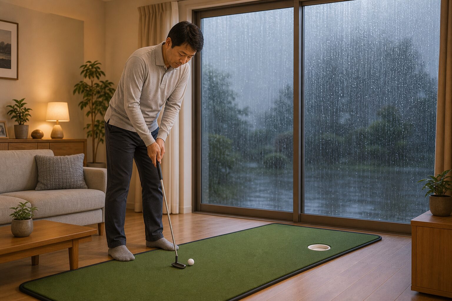雨の日にリビングのパターマットで練習するゴルファー