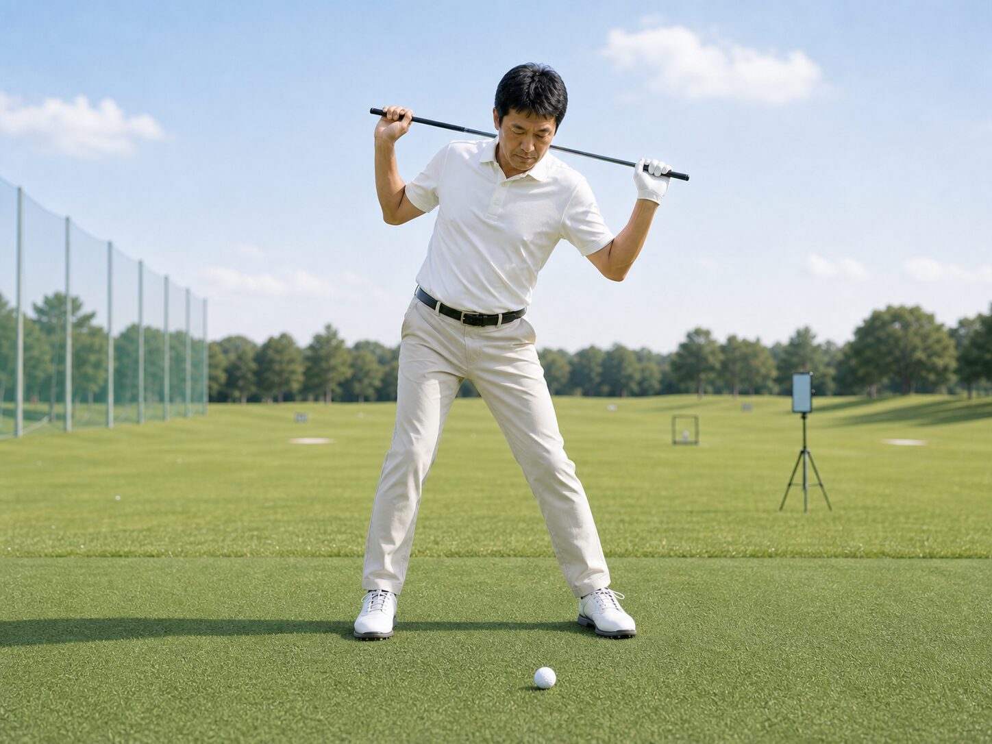 クラブを肩に担いで右肩を下げ棒の先をボールに向けるドリル