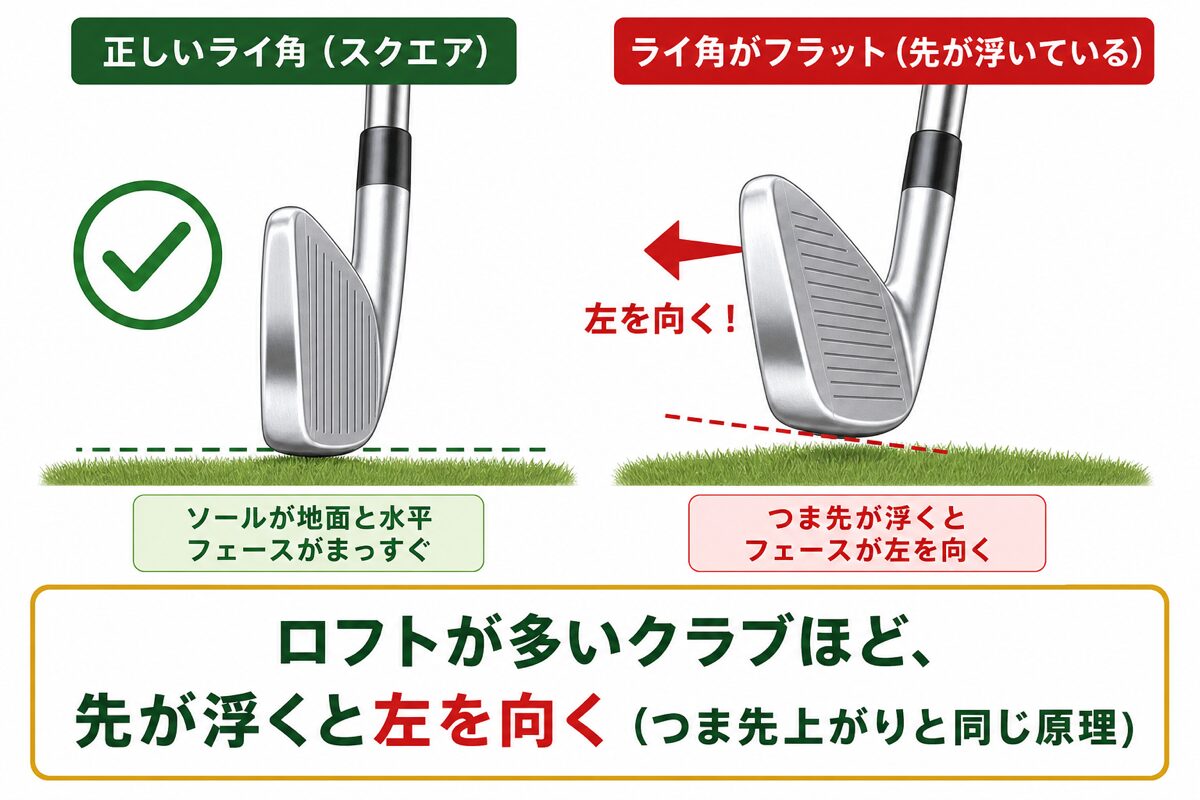 ライ角の仕組み：トウが浮くとフェースが左を向く図解