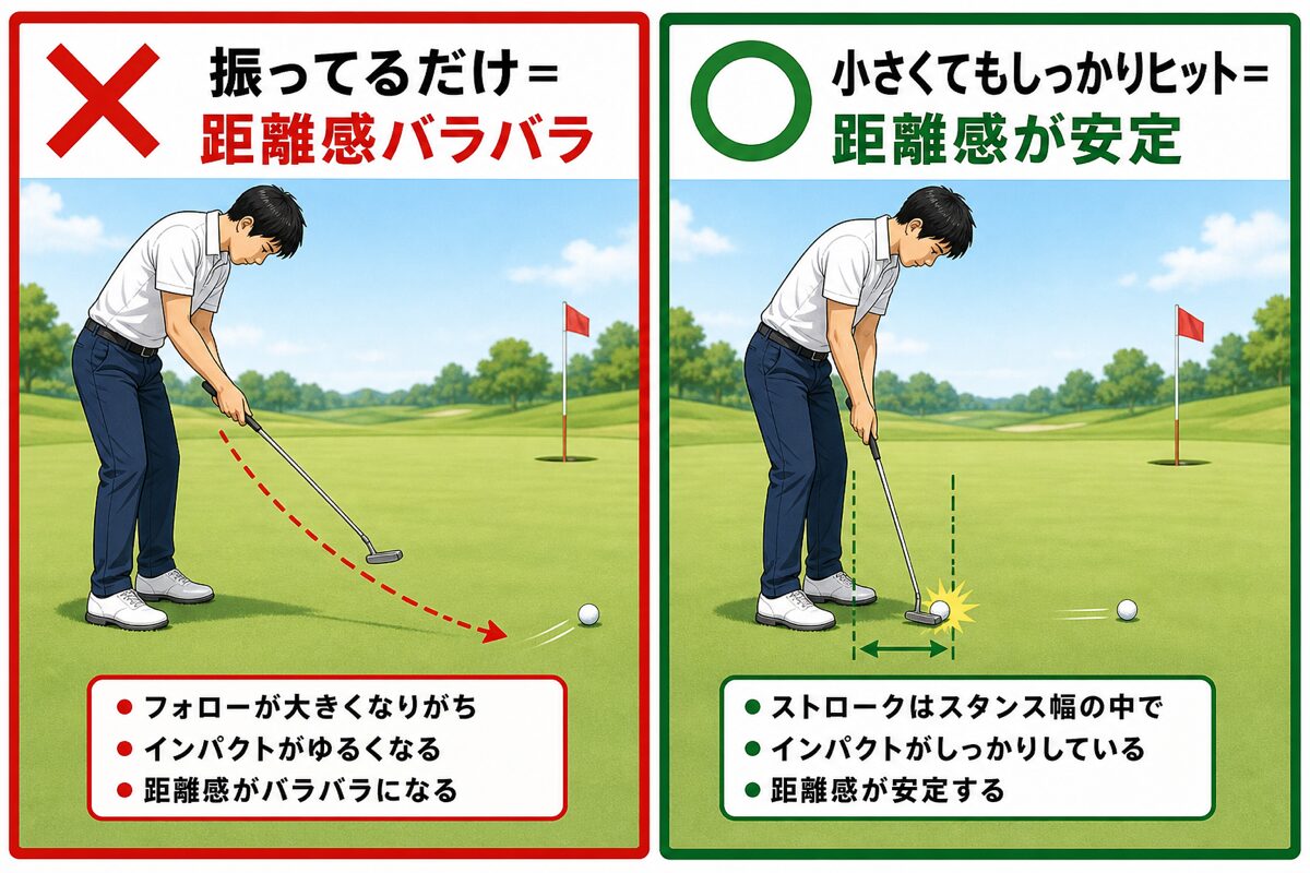 振るだけのストロークとしっかりヒットするストロークの比較図