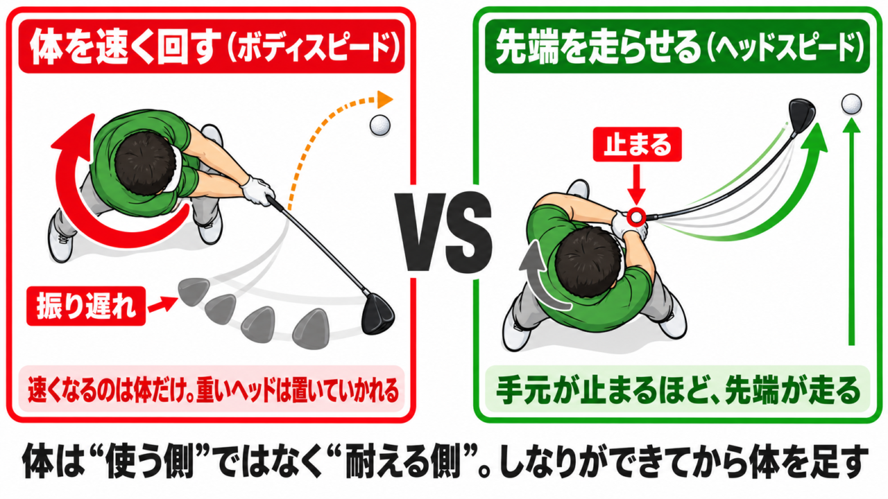 体を速く回すだけだとヘッドが振り遅れる仕組みと、手元を止めて先端を走らせる動きの比較図