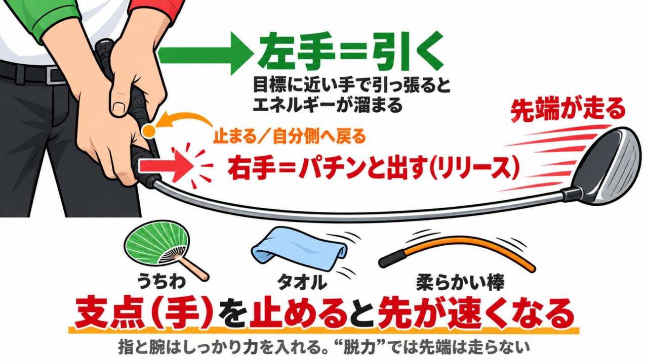 左手でグリップを引っ張り、右手でリリースしてシャフトをしならせ、クラブヘッドを加速させる手の役割の図解