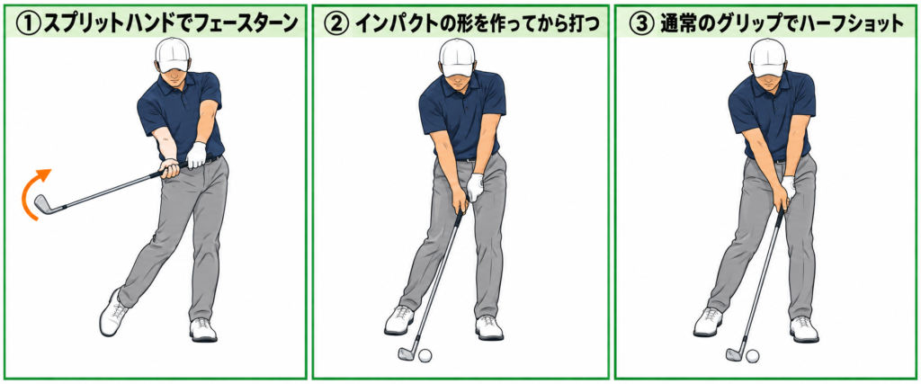 ハンドファーストの練習法：スプリットハンドでフェースターン、インパクトの形を作ってから打つ、通常のグリップでハーフショットの3ステップ