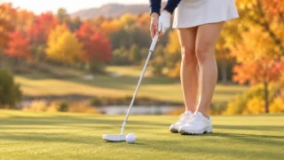 紅葉のグリーンで白いパターを構える女子ゴルファー