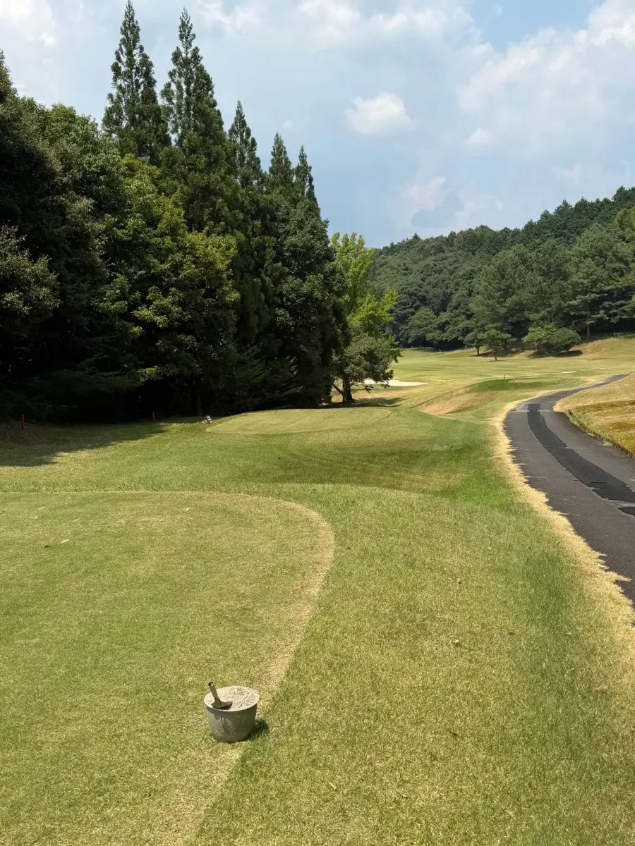 熊本クラウンゴルフ倶楽部 5番ホール（PAR5）のティーグラウンドからの景色