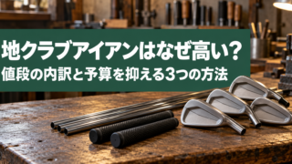 工房の作業台に並んだ地クラブアイアンのヘッドとシャフト