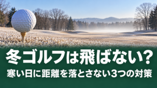枯れたラフの手前で、パターを添えてボールが置かれている冬のゴルフ場