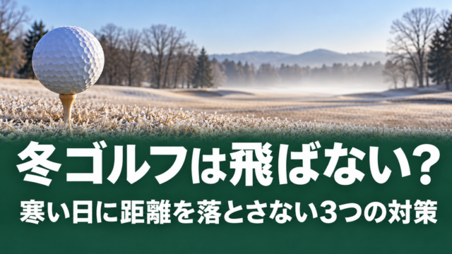 枯れたラフの手前で、パターを添えてボールが置かれている冬のゴルフ場