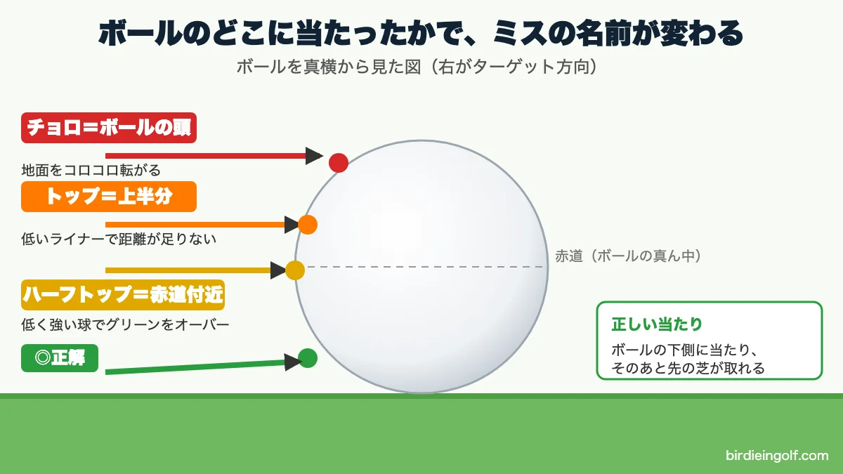 ボールのどこに当たるかでチョロ・トップ・ハーフトップが変わる図解