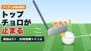 アイアンのヘッドがボールの上半分に当たるトップのイラスト