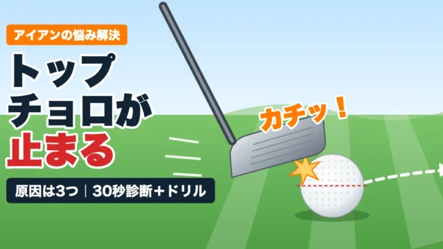 アイアンのヘッドがボールの上半分に当たるトップのイラスト