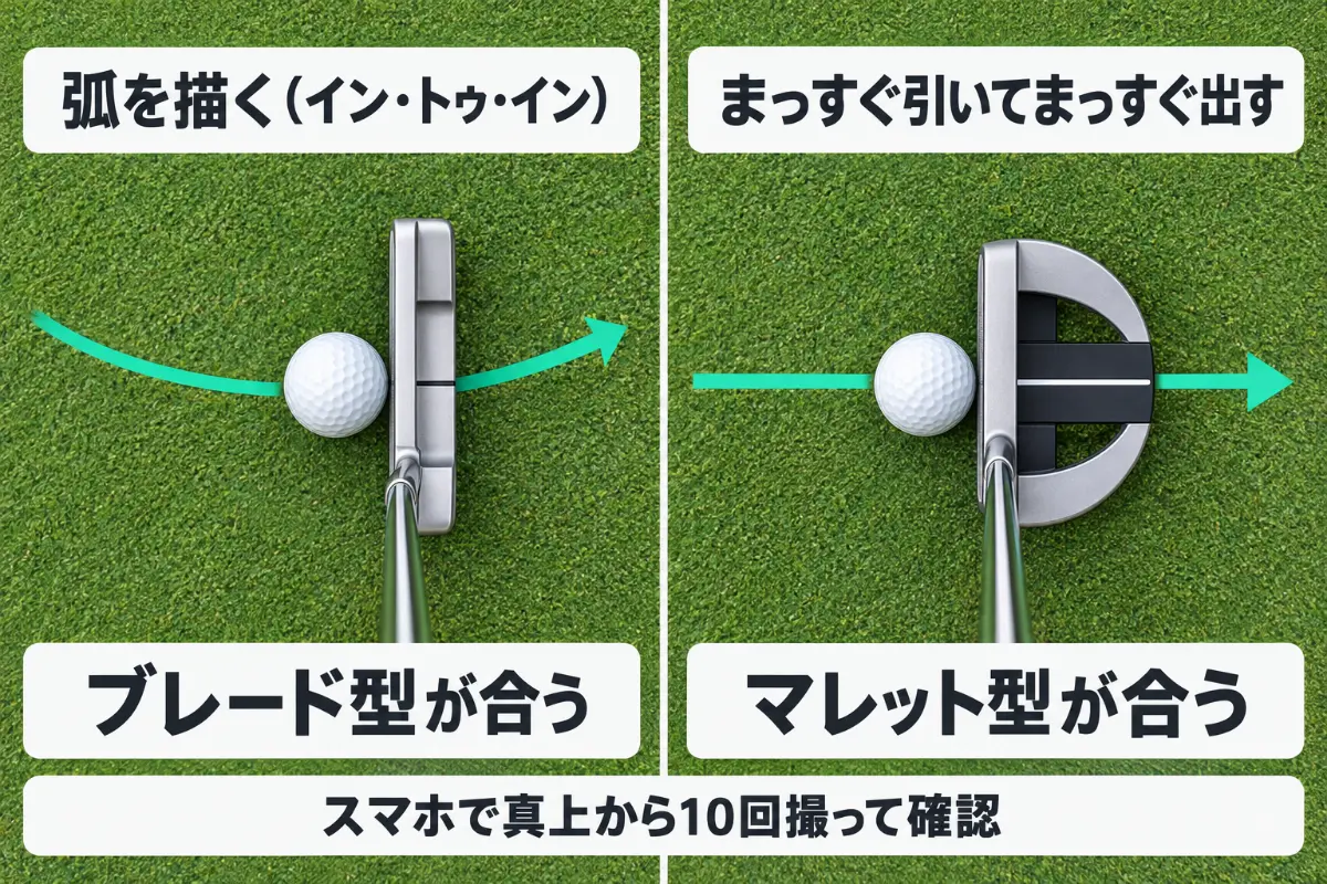 ストロークの型で選ぶパターの形（弧を描く人はブレード型、まっすぐの人はマレット型）