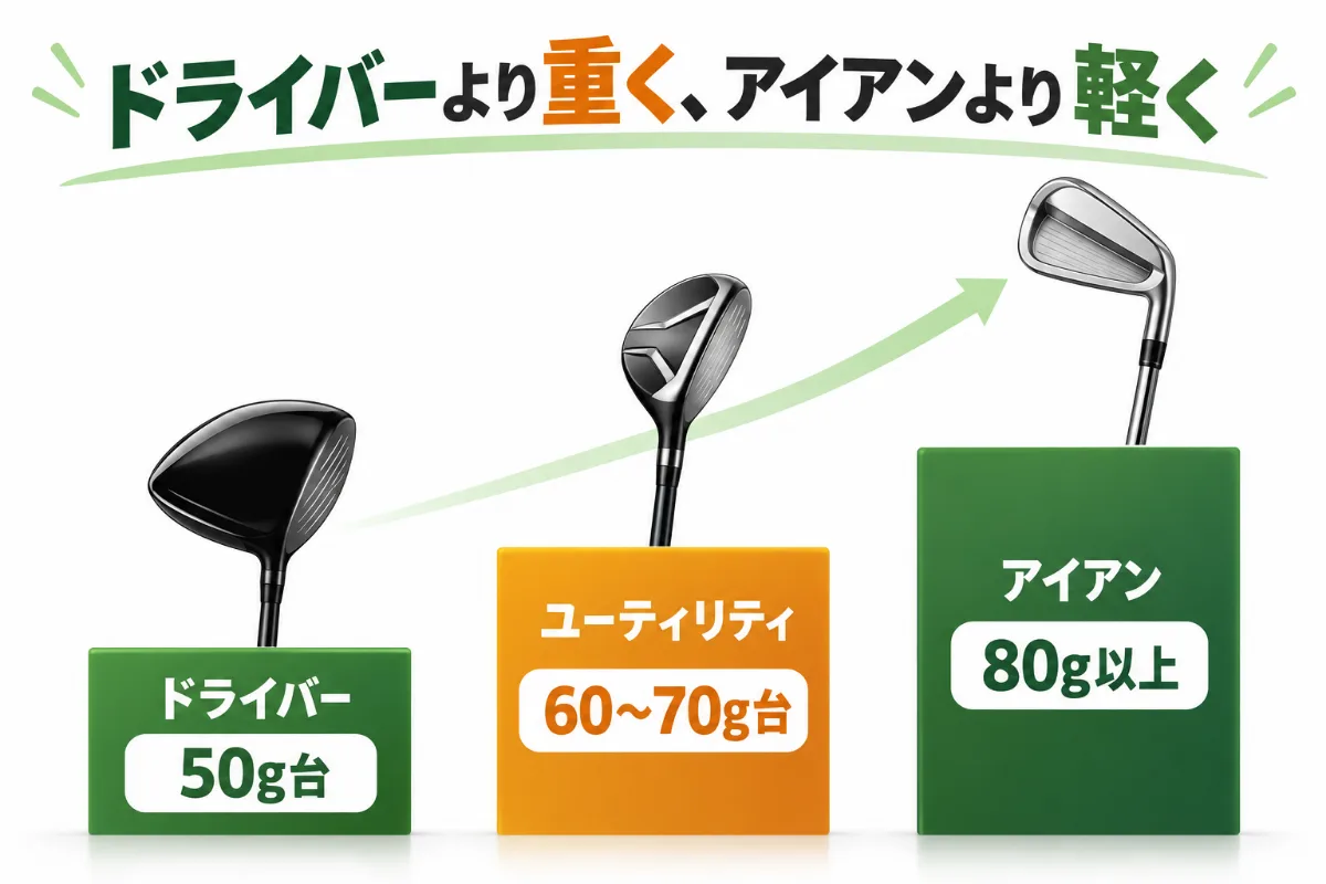 シャフトの重さの流れ（ドライバー50g台、ユーティリティ60〜70g台、アイアン80g以上）