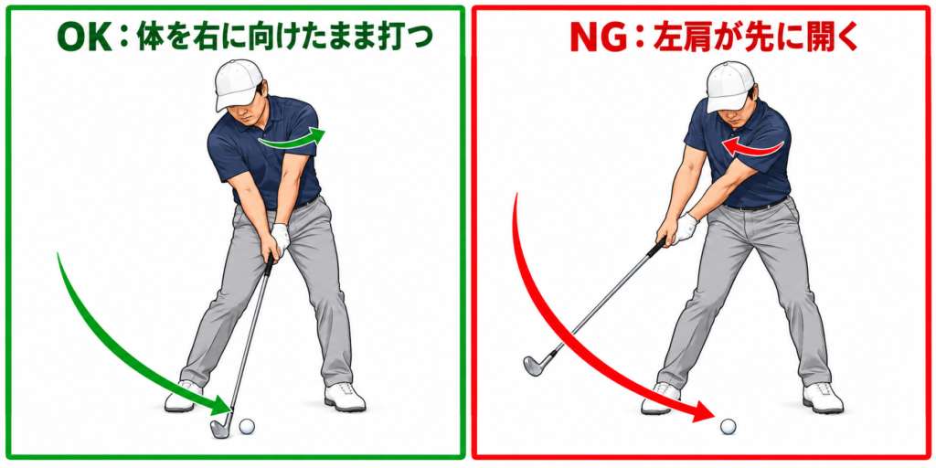 こすり球の直し方ステップ2：体を右に向けたまま打つOKと、左肩が先に開くNGの比較図