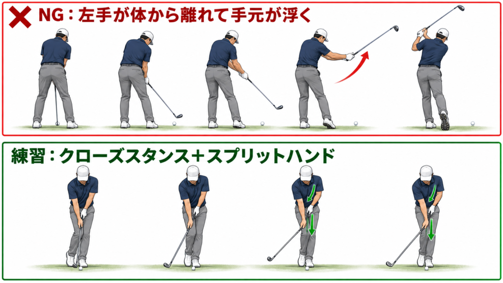 シャローイングの落とし穴：左手が体から離れて手元が浮くNGと、クローズスタンス＋スプリットハンドの練習