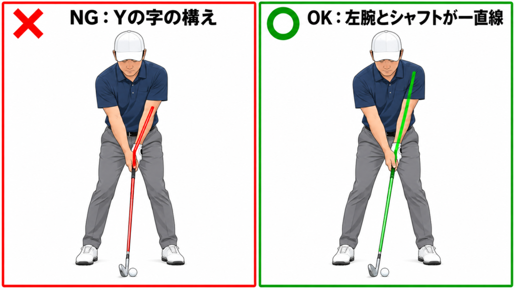 ハンドファーストの構え：Yの字のNGと、左腕とシャフトが一直線のOKの比較図