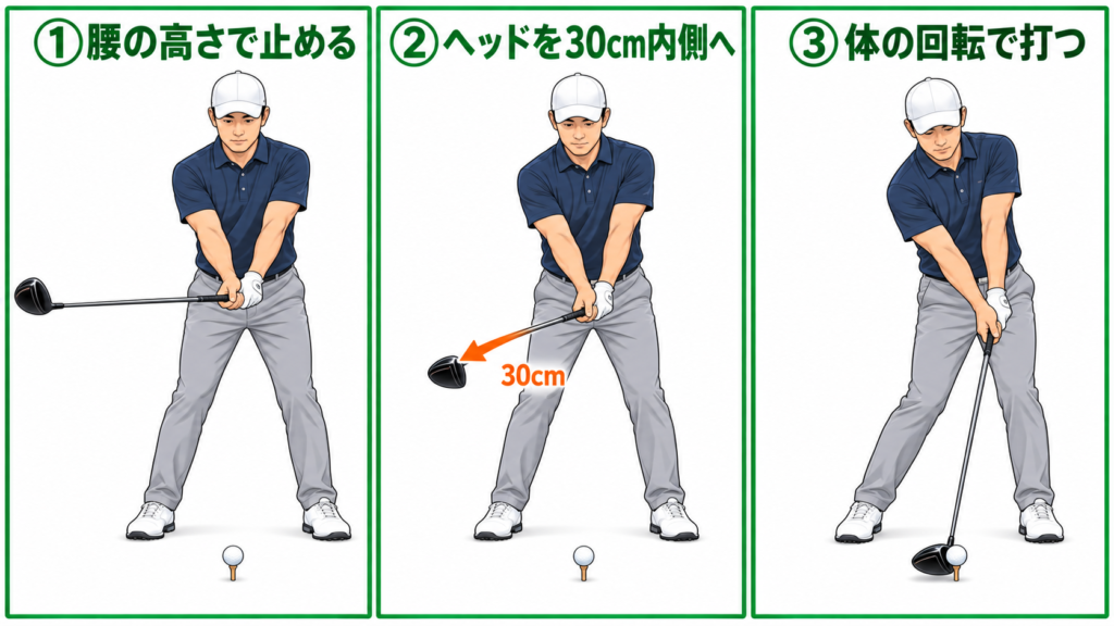 シャローイングの練習ステップ1：腰の高さで止め、ヘッドを30cm内側に入れて体の回転で打つ
