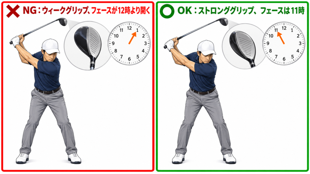 掌屈をグリップで解決:ウィークグリップでフェースが12時より開くNGと、ストロンググリップで11時のOKの比較図