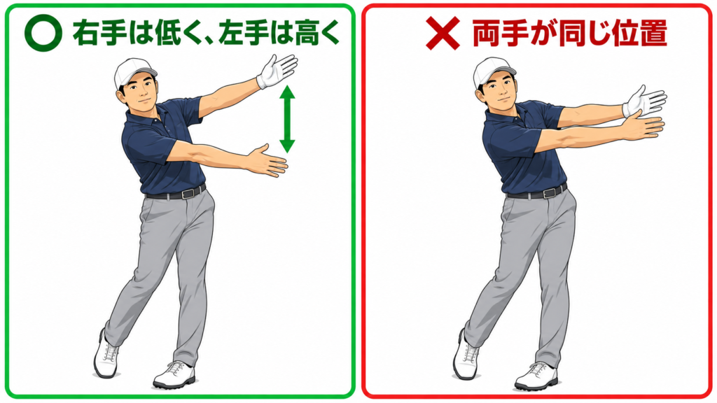 ドリルの正解と不正解：右手は低く左手は高く、両手が同じ位置はNG