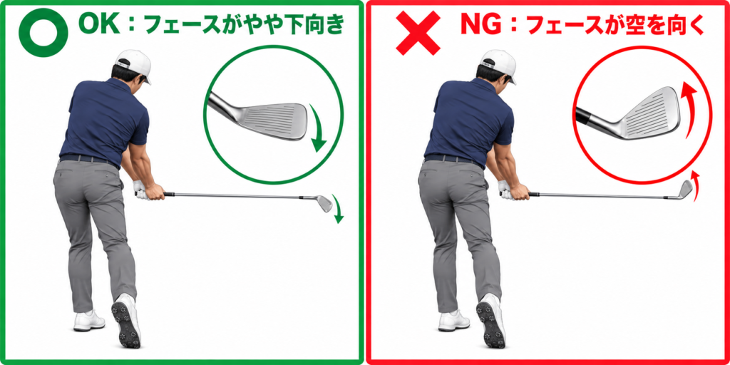 掌屈のチェック:ハーフウェイダウンでフェースがやや下向きのOKと、空を向くNGの比較図
