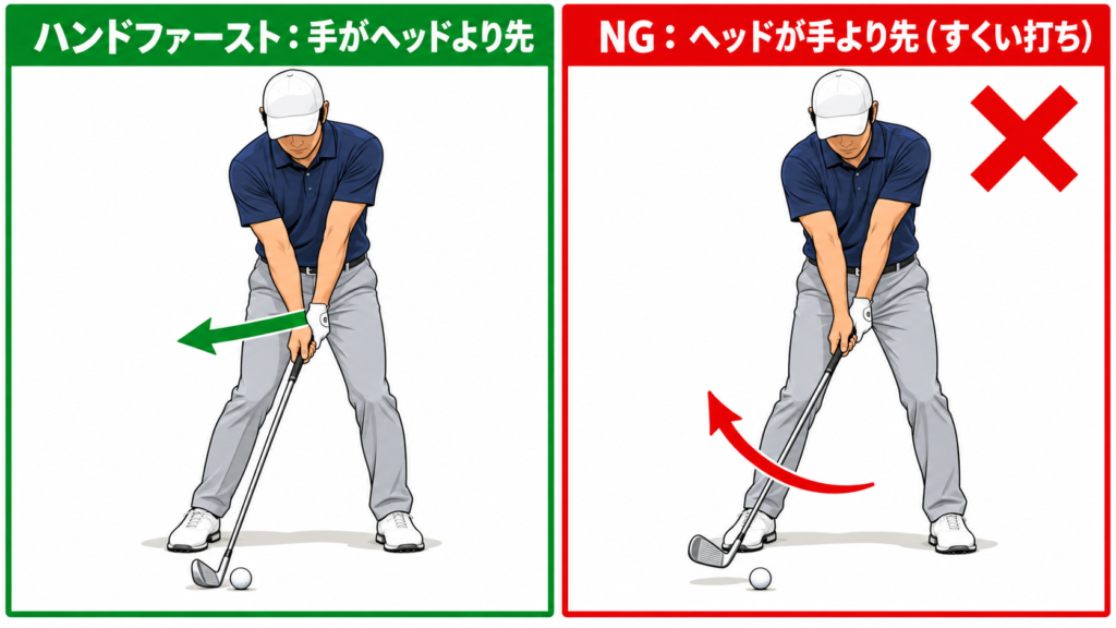 ハンドファーストとは：手がヘッドより先に出るインパクトと、ヘッドが先に出るすくい打ちの比較図