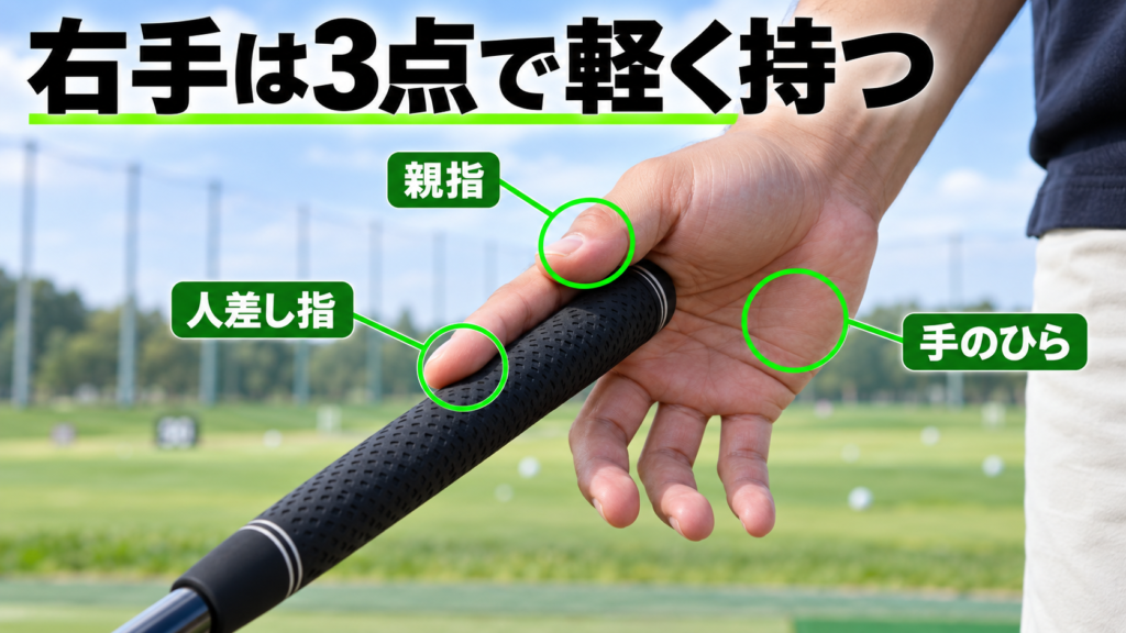 右手を親指・人差し指・手のひらの3点で軽く持つ