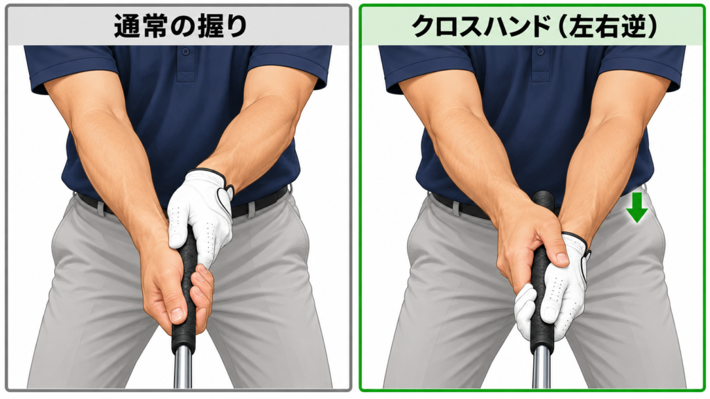 右肘の練習法：通常の握りとクロスハンド（左右逆）の握りの比較図